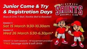 Junior Come & Try and Registration Days @ Ringwood Saints Baseball Club